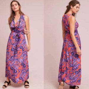 Anthropologie Maeve Macie Maxi Dress Floral Orange Purple Belted Size 4